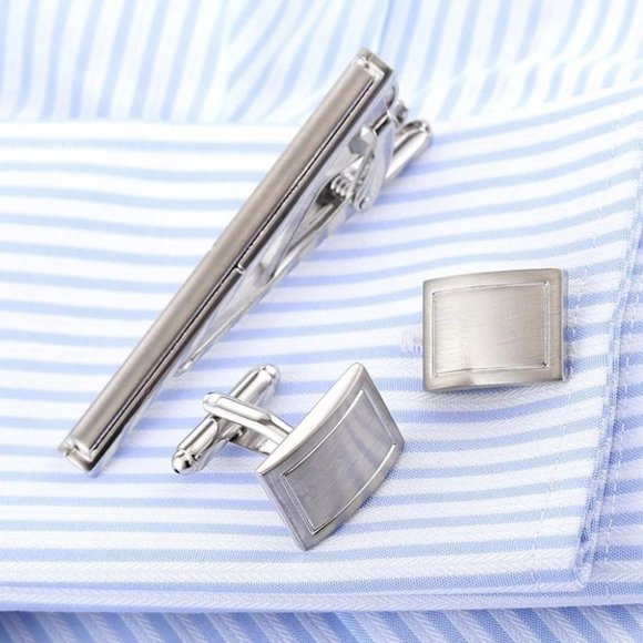 Stainless Steel Cuff Links Tie Clip Set - Picture 2 of 5